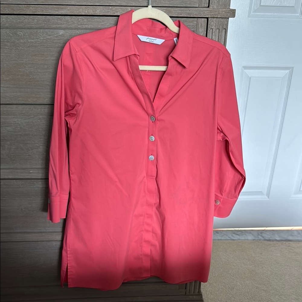 Foxcroft Pink 3/4 Sleeve Notched Collar Button Down Shirt